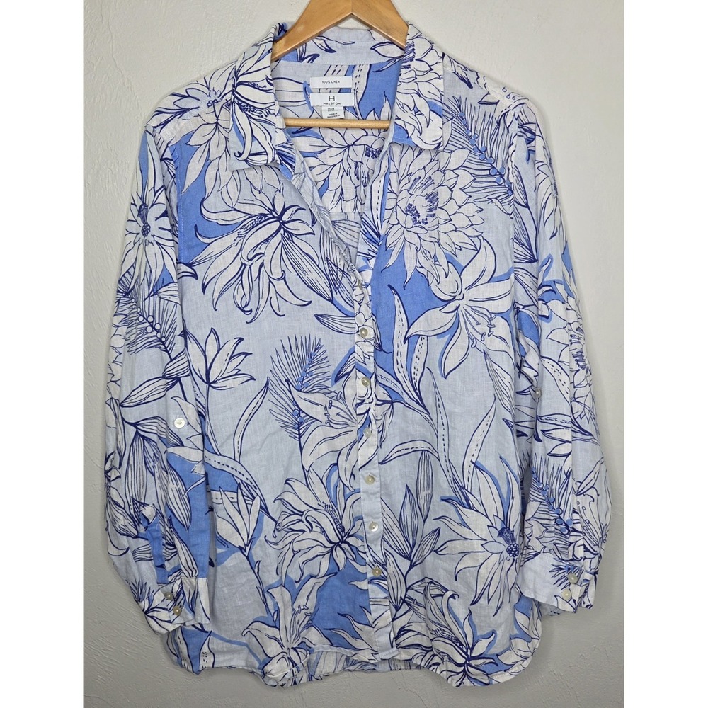 H Halston Womens 100% Linen Button Up Shirt Tropical Print 2X Floral Blue White